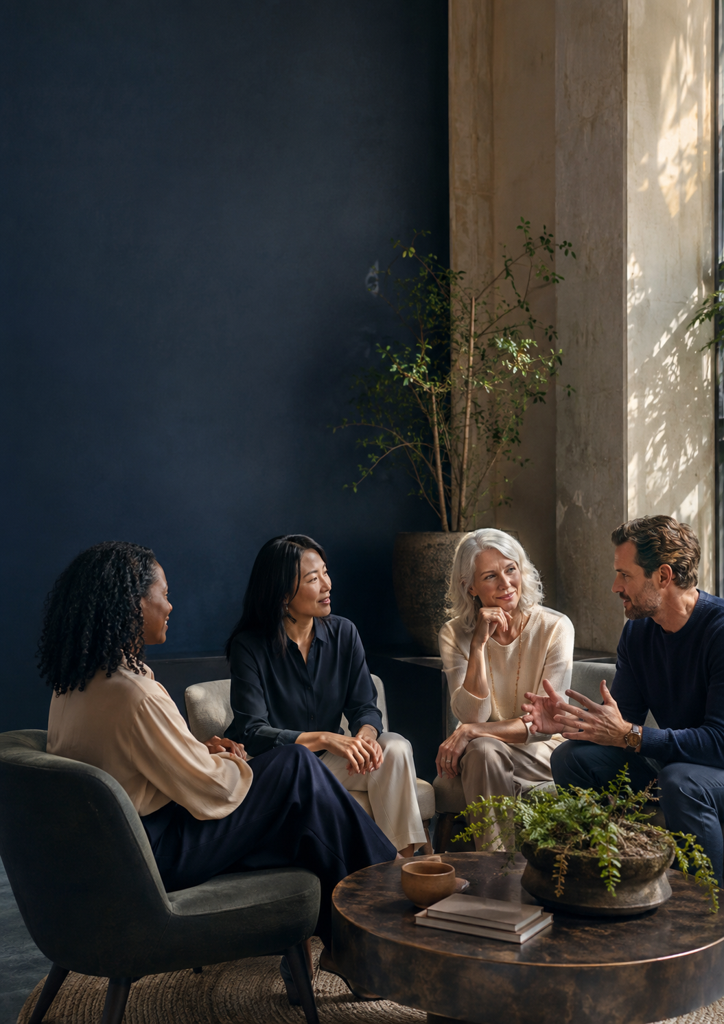 Quatre personnes de cultures différentes en conversation
